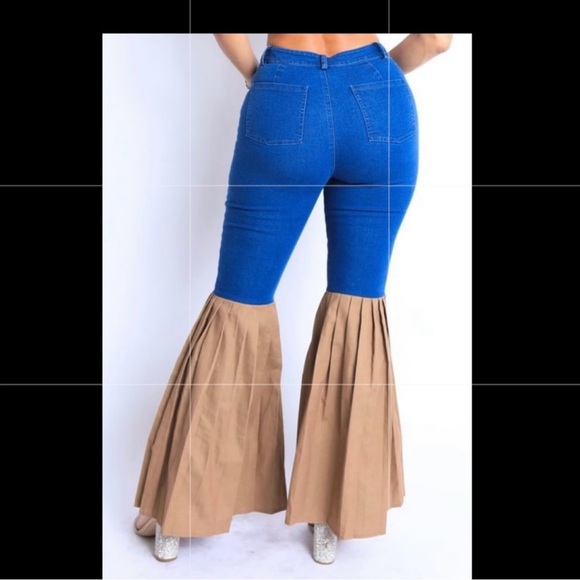 Blue Denim Pleated Bell Bottom Pants Size Large - Picture 7 of 8